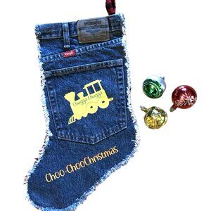 Handmade Denim Christmas Stocking w/Jean Pocket, Choo-Choo Train Graphics, S-M